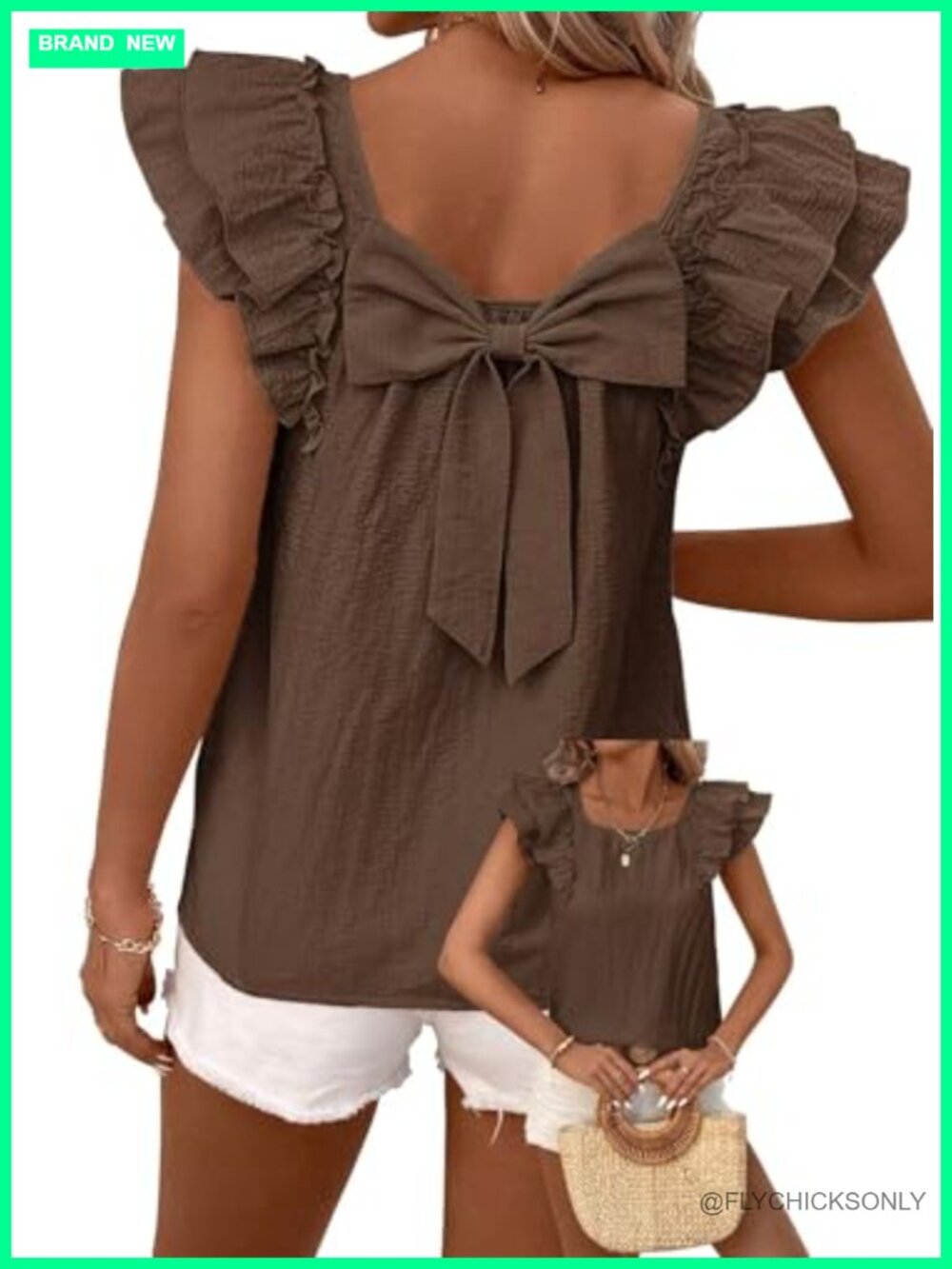 Womens Babydoll Top Bow Tie Back Ruffle Short Sleeve Blouse Vneck Shirt